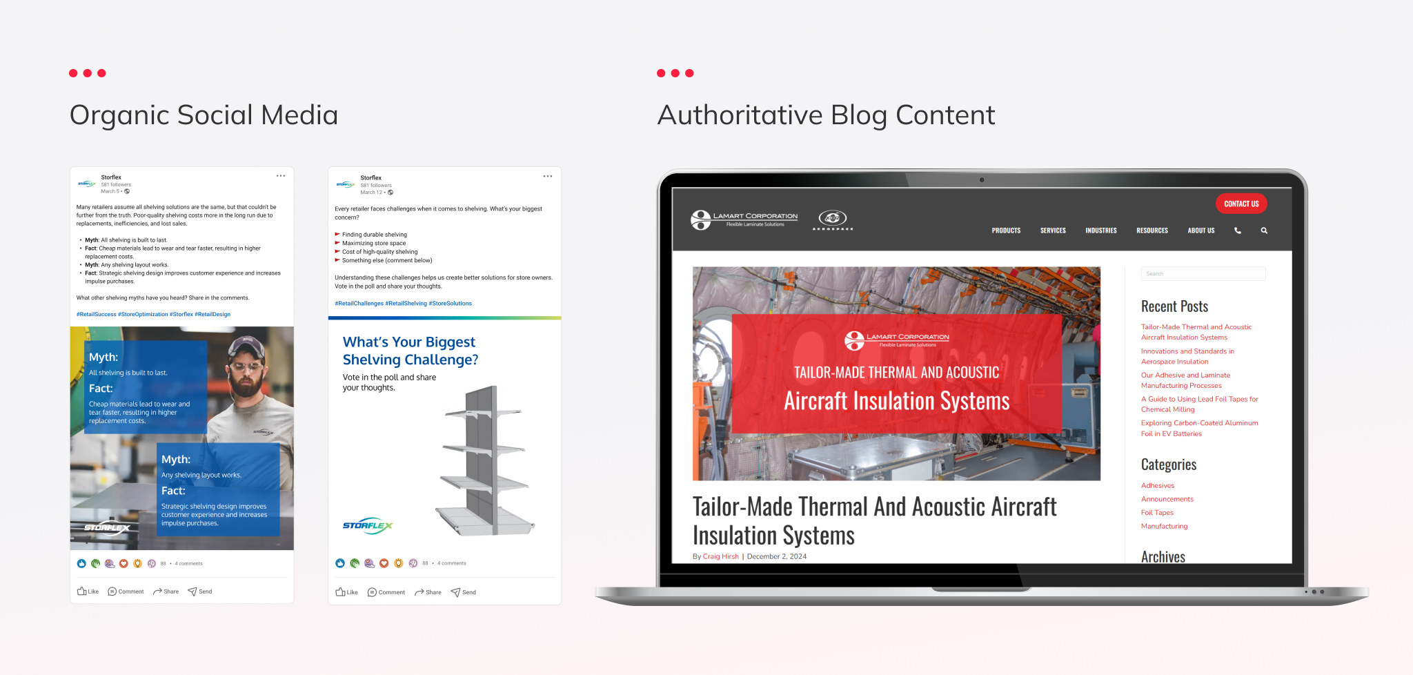 manufacturing marketing examples of organic social media content and authoritative blog content